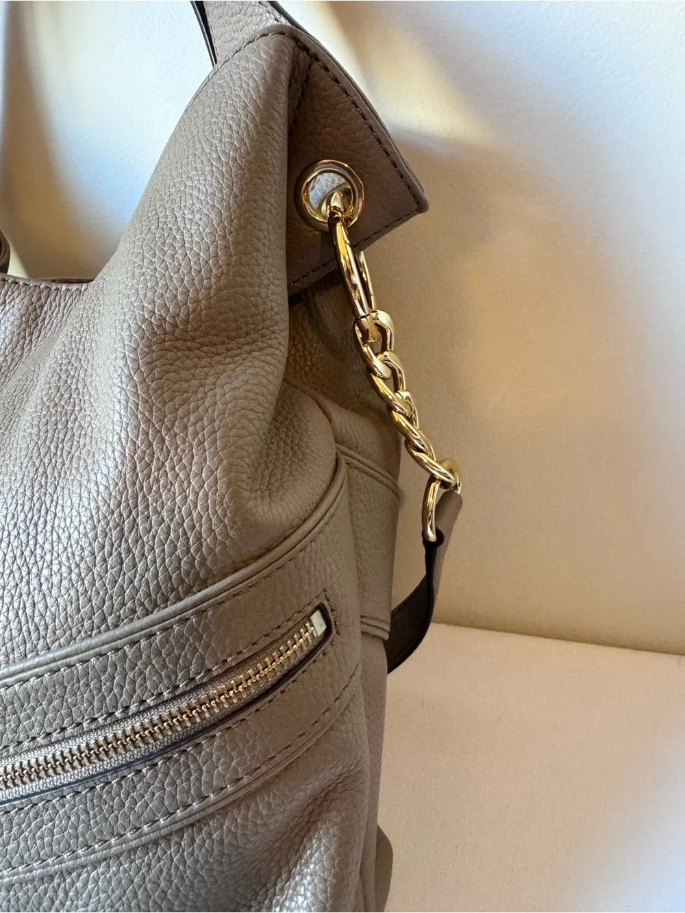 Michael Kors Jamesport Taupe Pebbled Leather Hobo with Gold Hardware large tote